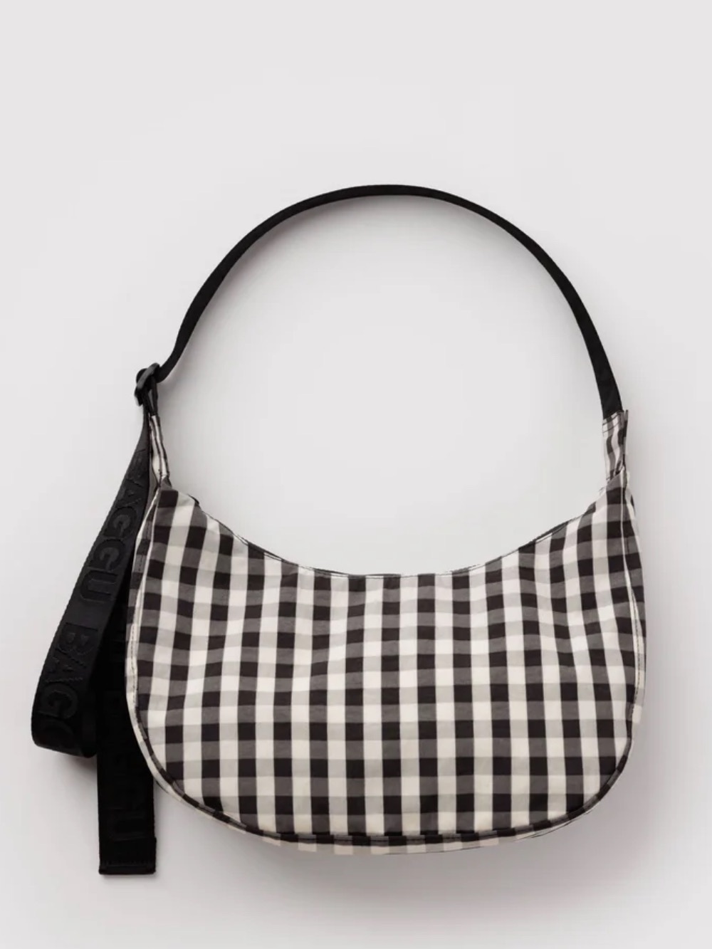 BAGGU Medium Nylon Crescent Bag In Black And Cream Gingham
